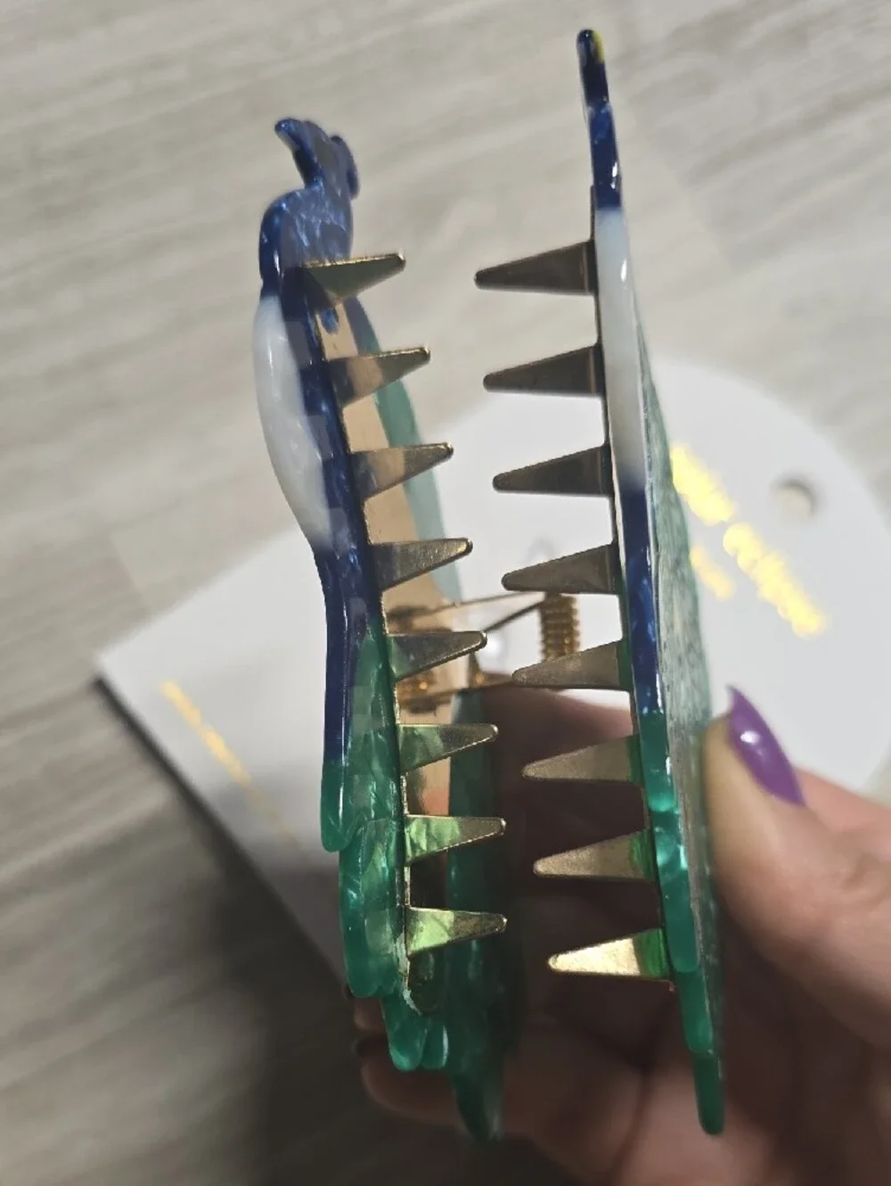 Solar Eclipse Peacock Claw Hair Clip in Green and Blue with Gold Detail